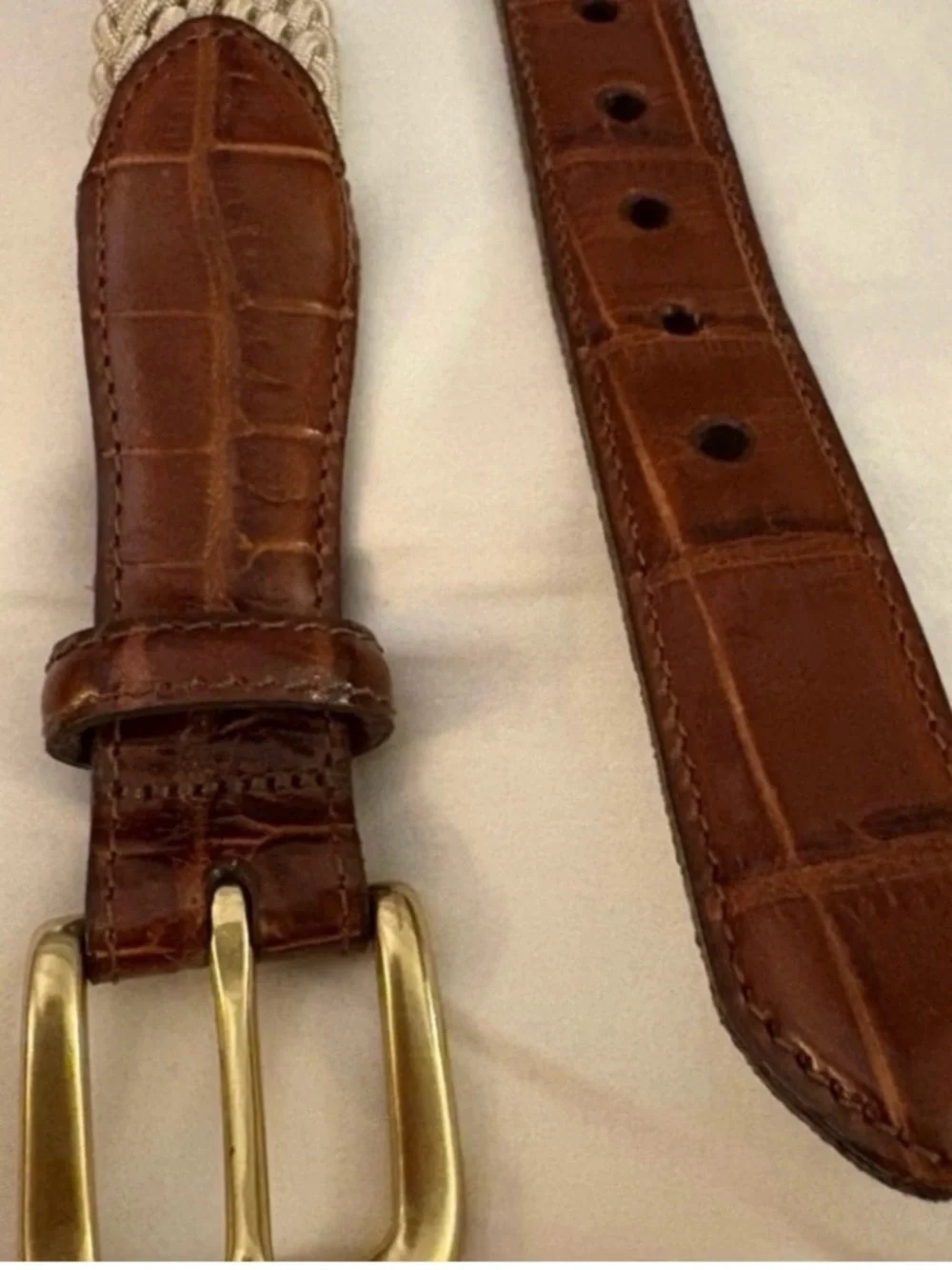 Brighton Men's Buckle Belt in beige with brown Croc Trim Brass  (New)